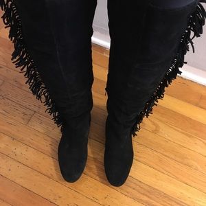 Black Over Knee High Fringe Suede Boots